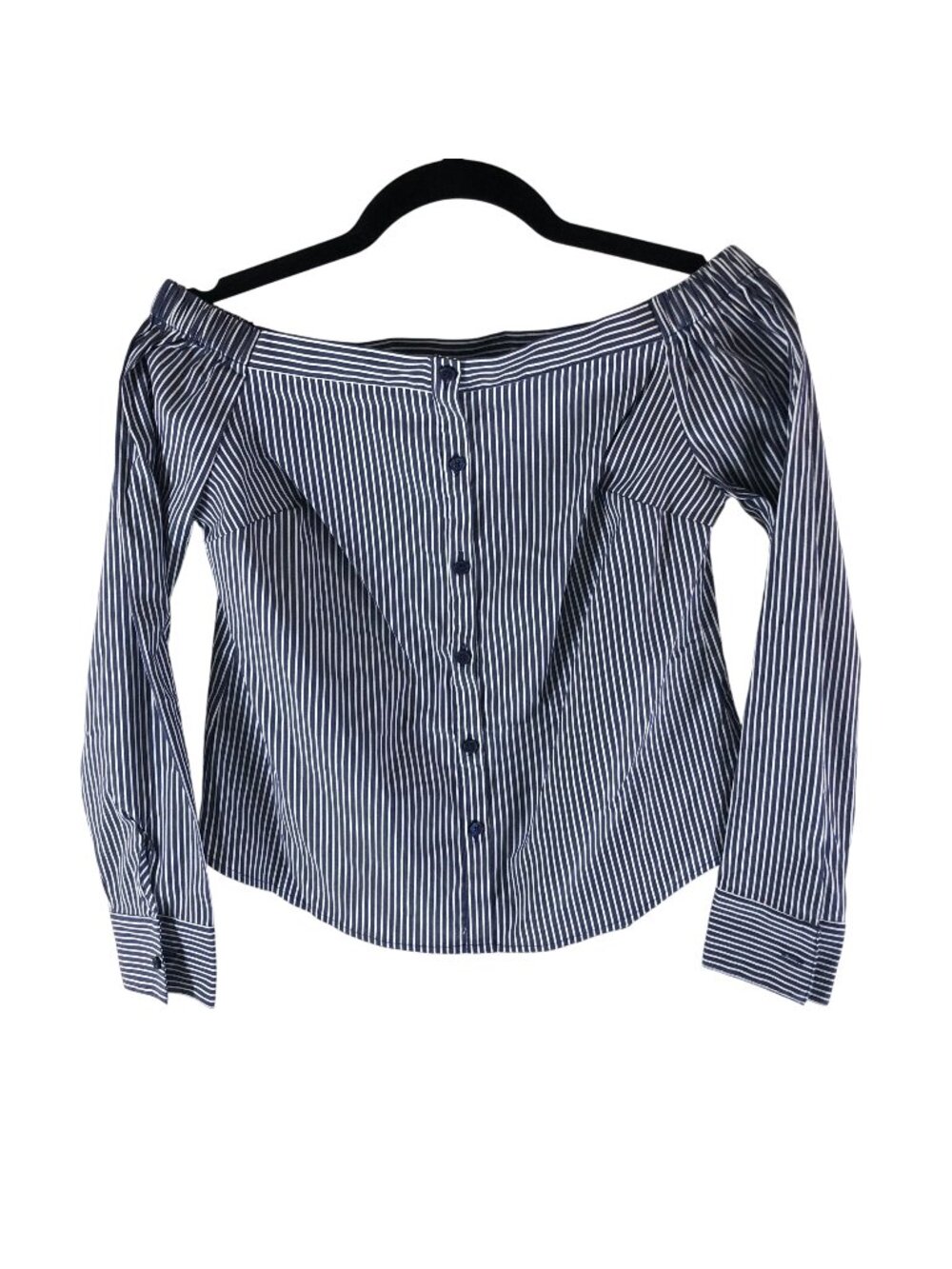 Express Womens Button Down Shirt Off Shoulder Square Neck Striped Blue XXS